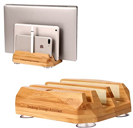 muchly Vertical Laptop Stand - 3 Slots,Wood Laptop Holder Vertical for Computer, Tablet, Phone ,MacBook Stand for Desk Fits All MacBook/Surface pro/Samsung/HP/Dell/Chrome Book(Yellow Bamboo Wood)