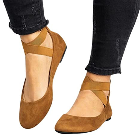 ticticlily Ballerine Bout Rond pour Femme Ballerines Sangle de Cheville Enfiler Chaussure Confortable Casual Été Plate Ballet Shoes Slip-on Nu Pieds Printemps A Marron 39 EU