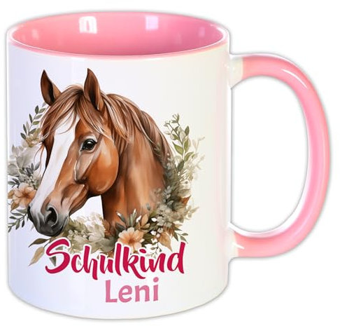 Namenstasse Schulkind | Name und Motiv, personalisiertes Geschenk Schulanfang Tasse Schulstart, Kinder, Schultüte Einschulung Zuckertüte Erste Klasse Kleinigkeit Mitbringsel (Pferd)
