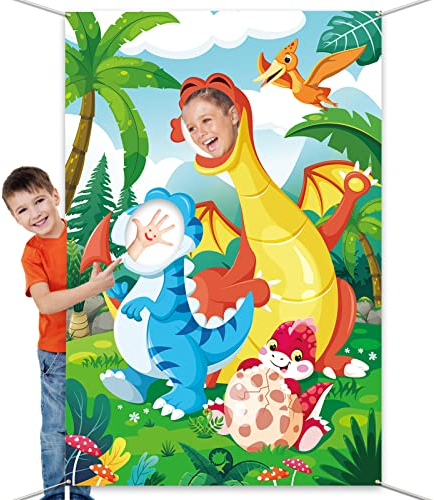 DPKOW Dinosaurier Foto Requisiten für Kinder Jungen - Lustiges Gesicht im Loch Fotobanner, Tür Banner für Geburtstagsparty Deko - Groß Stoff Hintergrund