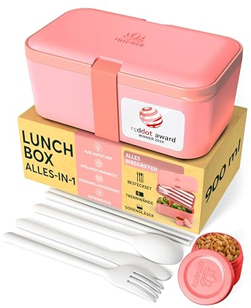 Umami Lunchbox Erwachsene, Verschachtelbar Auslaufsichere Bento Box mit 4 Bestecke & Fächern, Brotdose Erwachsene, Salatbehälter To-Go, Lunch Box für Picknick/Büro, Korallenrosa, 900 ml