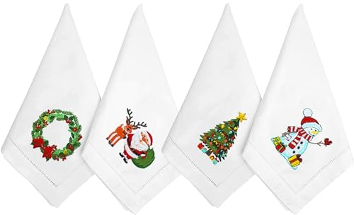 HCRAFT Bestickte Baumwoll-Tischservietten, Stoffservietten, 45,7 x 45,7 cm, Schneemann und Lorbeerkranz, Weihnachts-Serviette, Esszimmer, Servietten, maschinenwaschbar, Weihnachtsservietten, tolle