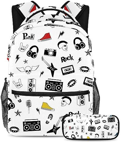 VAPOKF Schulranzen-Set für Teenager, Mädchen, Jungen, Schüler-Büchertasche, Rucksack mit Federmäppchen für die Schule – Rock Punk Radio Gitarre Kritzeleien, multi, Einheitsgröße, Schulranzen-Sets