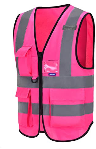 AYKRM Gilet haute visibilité avec fermeture éclair sur le devant et poches pour téléphone et carte d'identité 21 couleurs, rose, M