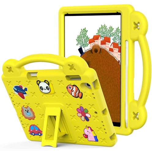 Unichthy Case for iPad 9th/8th Generation 10.2 inch, Yellow, Kids-Friendly Shockproof Protective Cover with Handle Stand & Two-Angle Kickstand