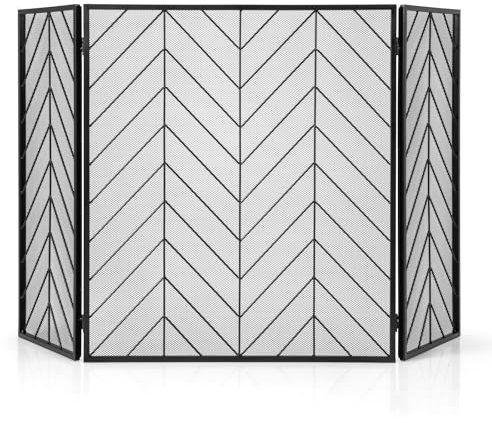 GIANTEX Pantalla de Chimenea de 3 Paneles, Valla Plegable de Hierro on Bisagras Flexibles, Cercado con Marco de Metal, Pantalla Protectora de Fuego para Sala de Estar, Dormitorio (Negro)