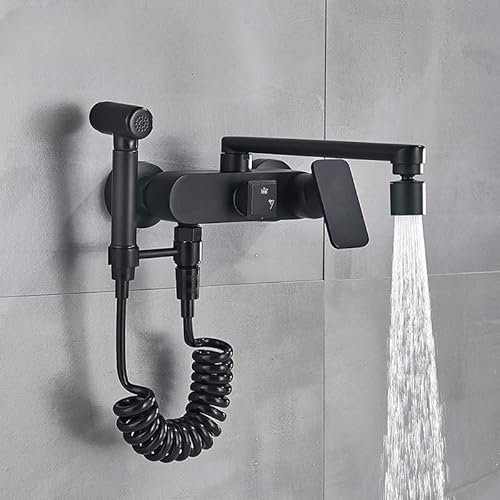 Robinet de cuisine noir, mitigeur d'eau chaude et froide, robinet mural, mitigeur d'évier pivotant, bec long, robinet de lavabo (couleur : noir mat)