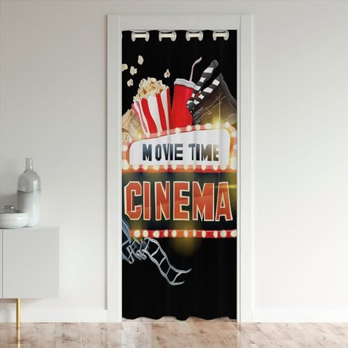 Homewish Rideau de Porte de Cinéma 86x203cm, Rideau Occultant Popcorn, Rideau de Placard de Cinéma Vintage, Bande de Film Soirée Cinéma pour Chambre, Traitement de Fenêtre Ticket, Rouge Noir
