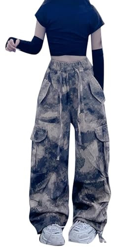 Pantalon Cargo Enfant Fille 4-13 Ans Militaire Pantalon Cargo Baggy Fille Jambe Large Taille Elastique Chic Confortable Pas Cher Sport Casual Vacances Jogging Streetwear (Camouflage, 6-7 Years)