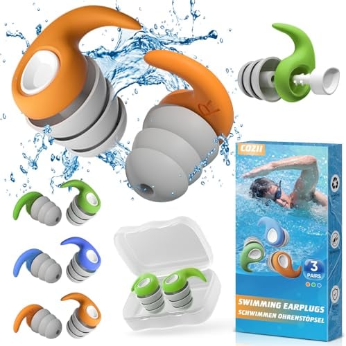 COZII Ohrstöpsel Schwimmen Erwachsene, 3 Paar Silikon Ohrenstöpsel Wasserdichte Wiederverwendbare, Ohrenschutz für Schwimmen Surfen Duschen Schlafen Wassersportarten