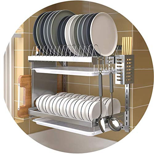 201 Edelstahl-Küchen-Wand-Geschirrständer, Abtropfgestell mit Stäbchenkäfig, Küchenmesser-Schneidebrett-Regal – 2 Schichten/3 Schichten