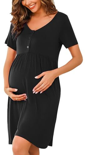Bresdk Chemise de Nuit de Maternité à Boutons pour Femmes Vêtements de Nuit à Manches Courtes Hôpital d'allaitement, Bouton - Noir, M