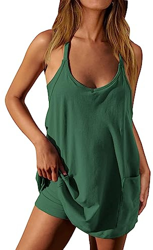 KUIH Women's Short Dungarees Sommer Baggy Romper Bib Overalls Shorts Solid Color Sleeveless Adjustable Strap Loose Casual Wide Leg Loose Backless Jumpsuits Playsuit with Pockets Cotton Overall