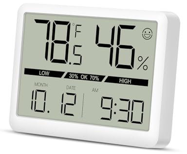 LOFICOPER Digitales Thermometer, Hygrometer, Mini-Wetterstation, kleiner Feuchtigkeitsmonitor und Innen-Thermometer, mit Zeit- und Datumsanzeige, für Komfort im Büro zu Hause – Weiß