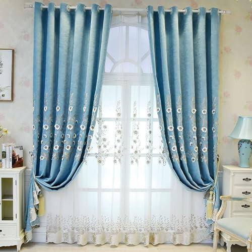 Beydodo Vorhänge Verdunklung mit Ösen, Blau Gardinen Blickdicht 2er Set Stickerei mit Blumen Motiv Landhausstil 137x229CM Verdunkelungsvorhang Kinderzimmer Schlafzimmer Wohnzimmer