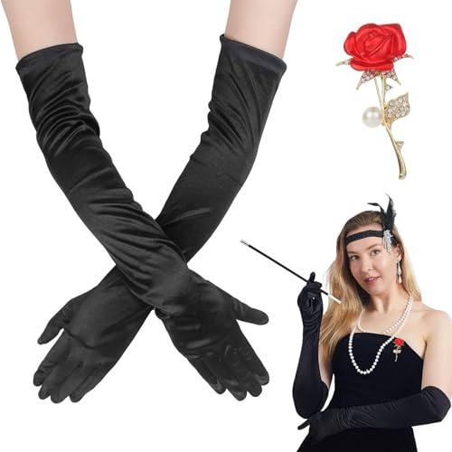 Nadiaen Black Satin Long Gloves with Rose Pin - Stretchy Elbow Length Evening Gloves for Glamorous Events and Bridal Parties