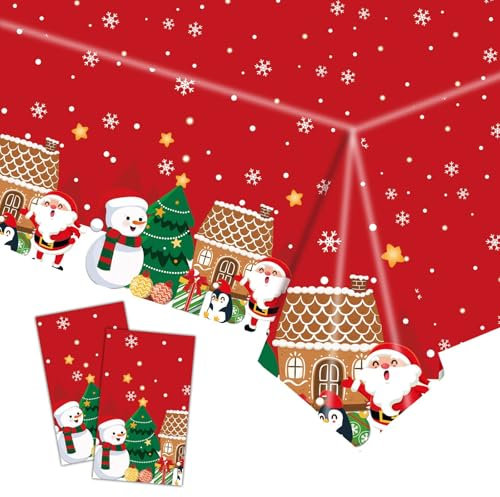 POPOYU 2 Stück Weihnachtstischdecke,Rot Einweg Tischdecke Weihnachten,Groß Rechteckige Weihnachtsmann Schneemann Tischhussen Esstischdecke für Weihnachts Party Tischdecke Tischtuch(137x274cm)