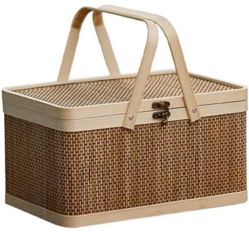 Dropfree Natürlicher, Geflochtener Korb Aus Bambus, Picknickkorb mit Deckel, Tragbarer Aufbewahrungskorb für Snacks, Brot