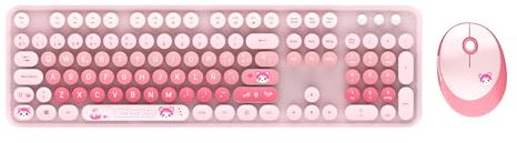 zienstar-Teclado y Mouse inalámbrico Español,Tecla Redondas Retro Vintage,Multicolor-Rosa