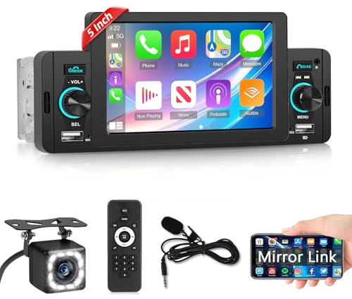1 Din Autoradio mit Mirror Link – 5 Zoll HD Touchscreen-Radio mit EQ, Bluetooth, FM-Radio, SWC, USB-Anschluss + Rückfahrkamera