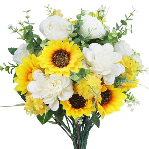 HUAESIN Künstliche Sonnenblumen Seidenblumen Sunflowers Kunstblumen Pfingstrose Künstliche Blumen Gelb Unechte Blumen Deko für Grab Balkon Friedhof Garten Hochzeit Blumenstrauß Party