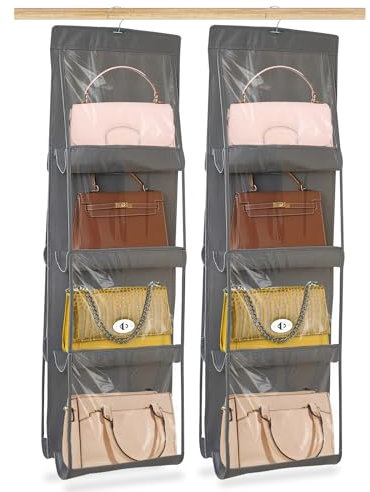 WANDGU 2 Pezzi Porta Borse da Armadio: Borsa Organizzatore Armadio con 8 Tasche Grigio Non Tessuto, Porta Borse da Armadio da Appendere Pieghevole e Universale per Cameretta da Letto