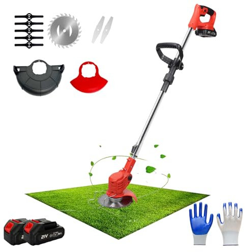 Hooha Tagliaerba elettrico leggero decespugliatore batteria 2 x 21 V Cordless Grass Trimmer tagliaerba con coltello affilato/guanto/ruota scorrevole ausiliaria per la cura del prato e la rimozione