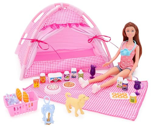 Toyland® Lets Go Camping Puppenspielset – 1 Puppe, 1 Zelt, 1 Hund und 20 Zubehörteile enthalten – Mädchenspielzeug.