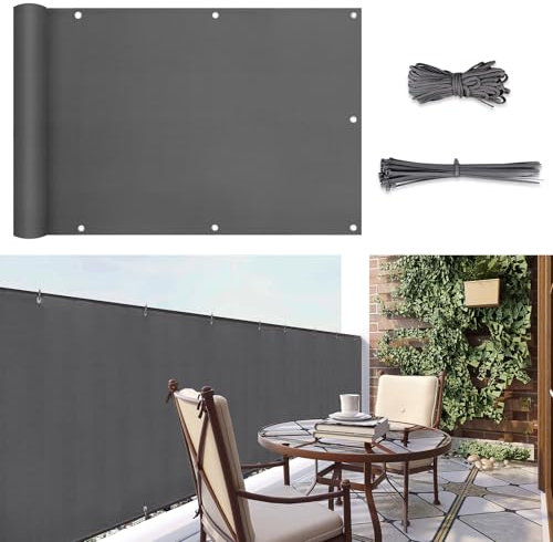 Sunula Balkon Sichtschutz Blickdicht 100x300cm, PES Balkonverkleidung Windschutz Ohne Bohren, Balkonsichtschutz mit Nylon Kabelbinder und Kordel, Patentierte Reißfeste Ösen, Wetterfest, Anthrazit