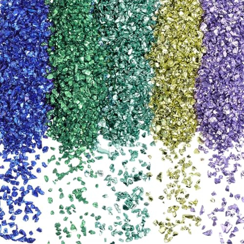 SUNNYCLUE 1 Box 5 Farben 150g Blaues Zerbrochenes Glas Kleine Zerstoßene Kristalle Große Mengen Unregelmäßiger Glitzer Metallische Steine Flocken Glassplitter Für Kunstharz DIY Kunst Vase Epoxidzubeh
