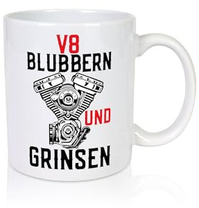Blubbern und Grinsen | V8 | Motor | Hubraum | Autofan - Tasse Weiss - Kaffeetasse/Geschenk/Familie