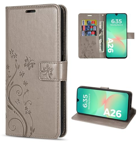betterfon Handyhülle kompatibel mit Samsung Galaxy A26 5G | Premium PU Leder Handy Hülle Wallet Case | Schutzhülle Blumen Klapphülle | Grau