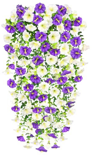 YSUVIN Planta Artificial Colgante, 2 Piezas Petunia Planta Colgante Artificial, Plantas Artificiales Exterior Realistas Flores Artificiales Colgantes para Jardín Hogar Decorativas, Blanco Púrpura