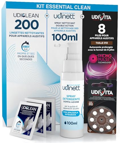8 Piles puor Appareils Auditifs Taille 312 PR41 (Marron) + 200 Lingettes Nettoyantes de Poche Udiclean + Spray Nettoyant avec Brosse Intégrée Udinett 100ml - Kit Essential Clean