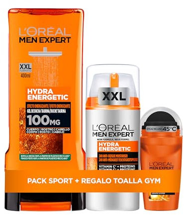 L´Oréal Men Expert Caja Hydra Energetic Rutina Gel de ducha 400 ml (XXL) + Desodorante + Crema de Cuidado Hidratante con Vitamina C 100 ml (XXL)