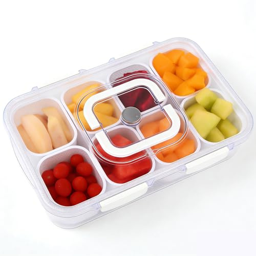Dreamhigh® Snackbox mit 8 Fächern, Snackteller aus PP Spülmaschinenfest, Snackschale Kinder, Snackteller mit Deckel und Griff für SüßIgkeiten Obst Keksen Dessert Gemüse Nüsse