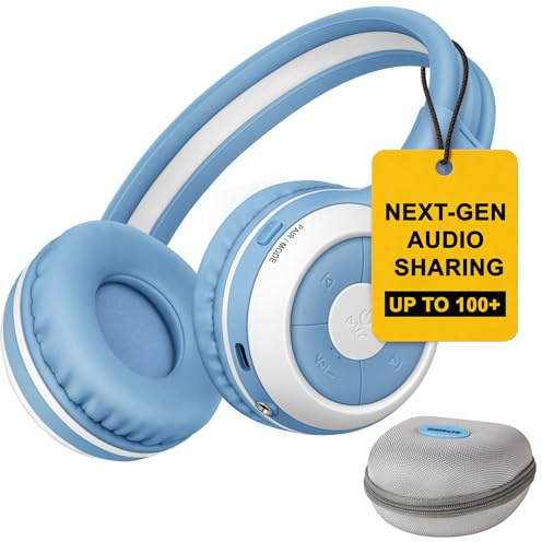 SIMOLIO Manyshare Casque sans Fil Enfant, Étui et Micro pour l’École, Bleu | Partage Audio, Écoute en Groupe Multi-Connexion sans Fil, Design Pliable, pour Avion & Voyages, Compatible Tablettes & PC