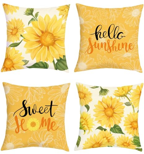 Joymaison Kissenbezüge 45x45 4er Set Sommer Gelbe Sonnenblumen Landhausstil | Deko Kissenhülle Bunt Kunst Frühling Blumen Tropische Blätter Bauernhaus Dekorative Kissenbezug Kissen für Couch Sofa