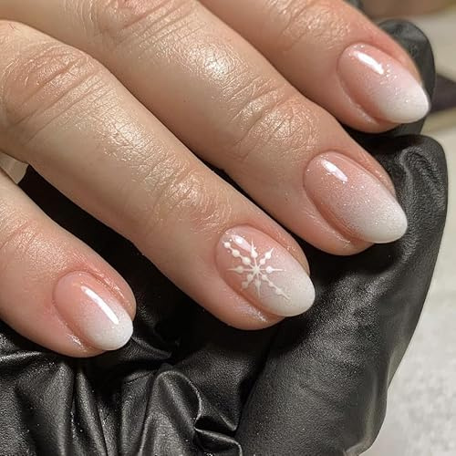MouyouGlow Press on Nails Kurz,Almond Rosa Gradient Weiß Glitzer Schneeflocke Weihnachten XMAS Fake Nails,Pink Ombre White Snow Winter Sparkly Künstliche Fingernägel