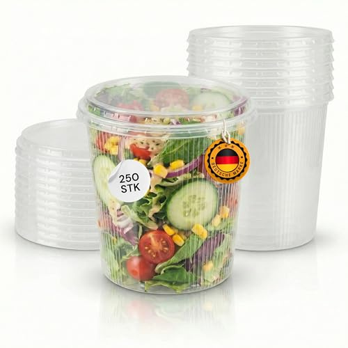 250 Stück Runde Feinkostbecher 500 ml Ø101mm x 104mm - Kunststoff Verpackungsbecher, Snackbecher, Salatschale aus Polypropylen (PP) - lebensmittelecht, stapelbar, To-Go-Becher - Made in Germany