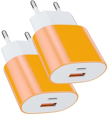 Cargador rápido de 25 W, USB tipo C, adaptador de carga, alimentación de 15 W, USB tipo – A cargador (naranja 2 piezas) para: iPhone 17/16 Pro/Max/Plus / 15 14 13 12 11 Pro Max x XS Samsung