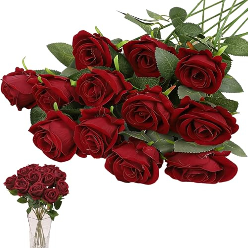 12 Pezzi Rose Rosse Finte per Decorazioni Bouquet Fiori Finti di Rosa | con Steli Lunghi Rose Finte Realistiche per Matrimoni Feste Decorazioni Interni Sterni 50 x 6cm (Chiaretto)