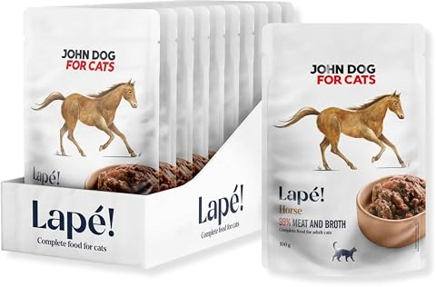 John Dog for Cats LAPÉ Katzennassfutter ohne Zucker und Getreide - Pferd 10 x 100g Portionsbeutel - Katzenfutter Nass mit 99% Fleischanteil - Nassfutter mit frischen Zutaten für ausgewachsene Katzen
