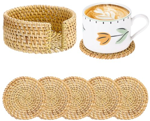IGNPION Lot de 6 dessous de verre en rotin avec support, tapis de boisson ronds tissés pour chaud et froid, tasses à café et tasses à thé de 10 cm (naturel)