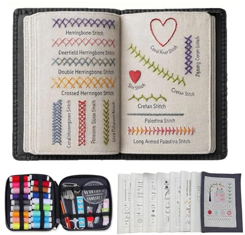 Embroidery Stitch Book, 86 Stück Nähset Stickbuch zum Selber Sticken | Fingerhut Besticktes Buch Sticken Set, Erwachsene Embroidery Kit Stickset für Anfänger Hobbybastler Familien