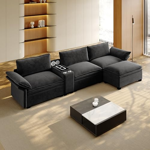 Arhatreya 315 cm Modulares 4-Sitzer Ecksofa L-Form – Chenille Sofa mit Stauraum & Ottoman, integrierte LED-Beleuchtung, Lautsprecher, kabelloses Laden, 2 Becherhalter, Wohnlandschaft, Schwarz