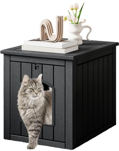 GYMAX Hidden Cat Litter Box Enclosure, Waterproof Cat House with Flip Front Door and Raised Floor, Indoor Outdoor Pet House Crate for Kitten (Black)