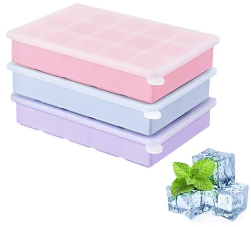3 Pack Silicone Ice Cube Trays, 15 Cubes Ice Cube Tray with Lid | 3.2cm Square Ice Cube Tray BPA Free for Whiskey, Cocktail, Drinks, Freezer, Coffee, Chocolate (Blue & Pink & Purple)