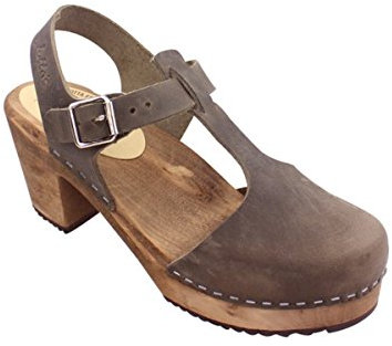 Lotta From Stockholm Highwood T-Bar- Schwedenclogs mit hohem Absatz -Taupefarbenes Geöltes Nubukleder auf Brauner Base-37