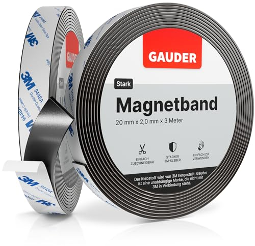 GAUDER Magnetband selbstklebend mit 3M-Kleber - Stark haftender Magnetstreifen zuschneidbar - Magnetklebeband mit hoher Magnetkraft & zuverlässiger 3M-Klebeschicht (3 m x 20 mm)